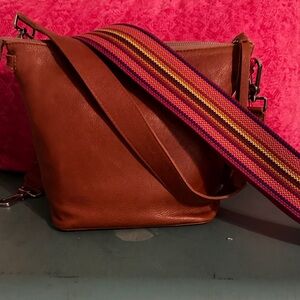 Brown Leather Bag with Multicolor Strap